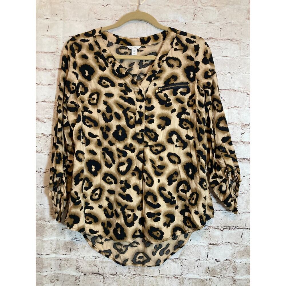 Cato Top Womens Medium Popover Brown Animal Print Cheetah Leopard Roll Tab‎